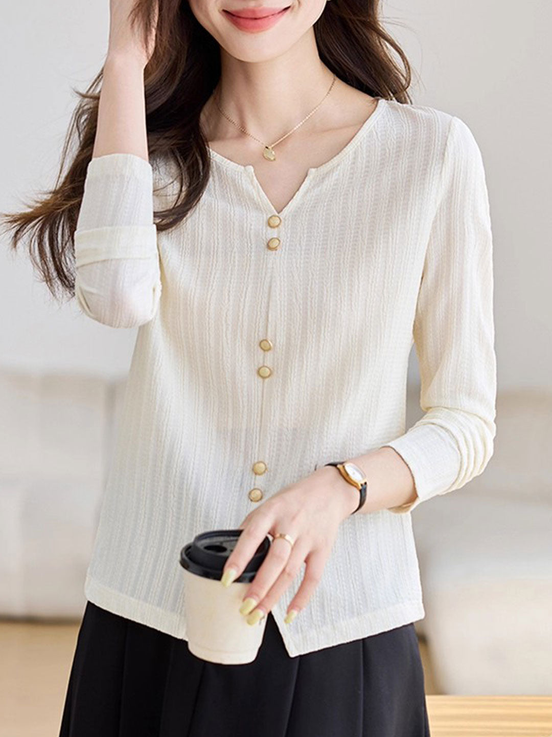 Mariah Elegant Crew Neck Textured Button Top