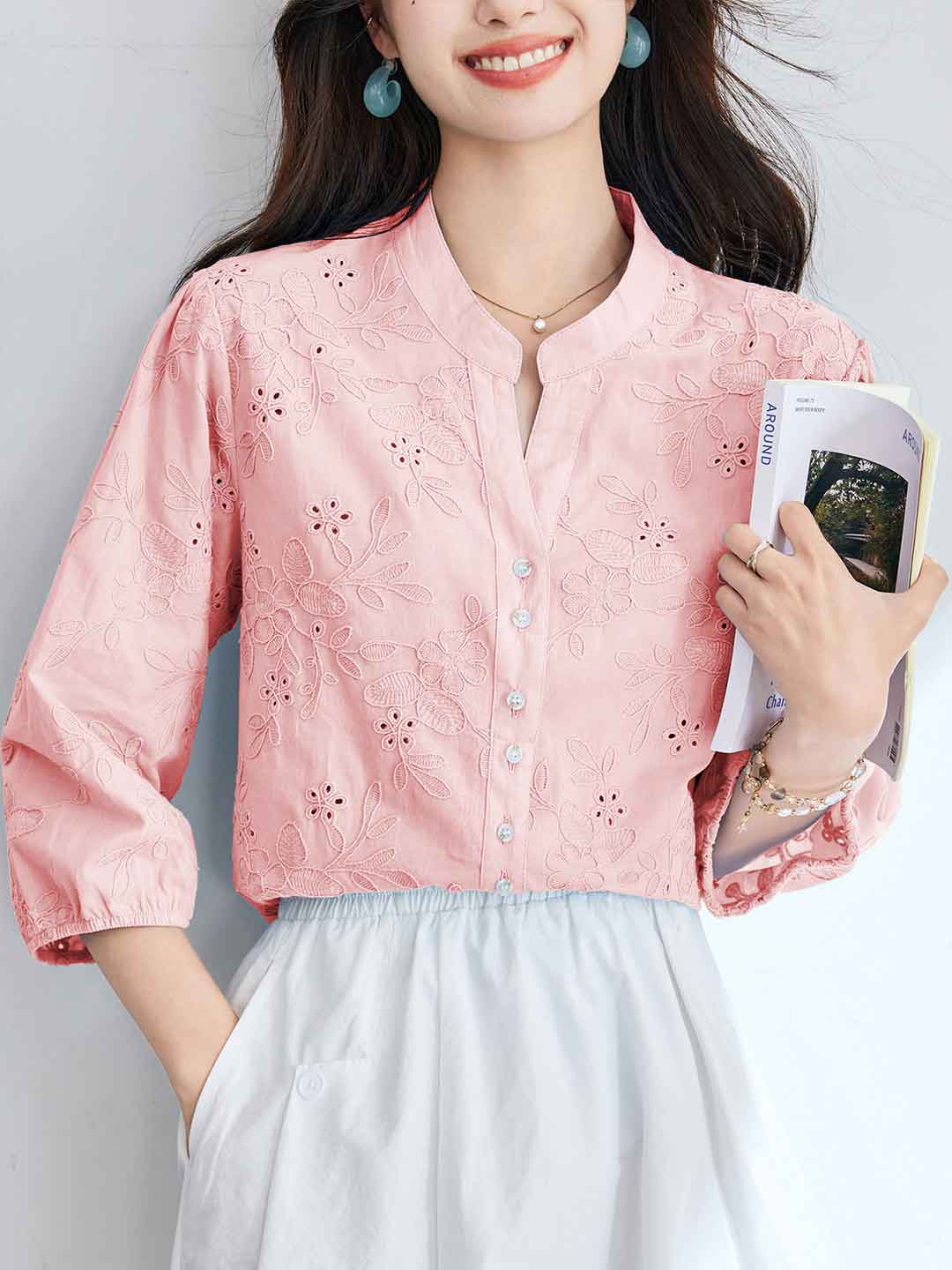 Bella Elegnat V-Neck Embroidered Hollowed Top