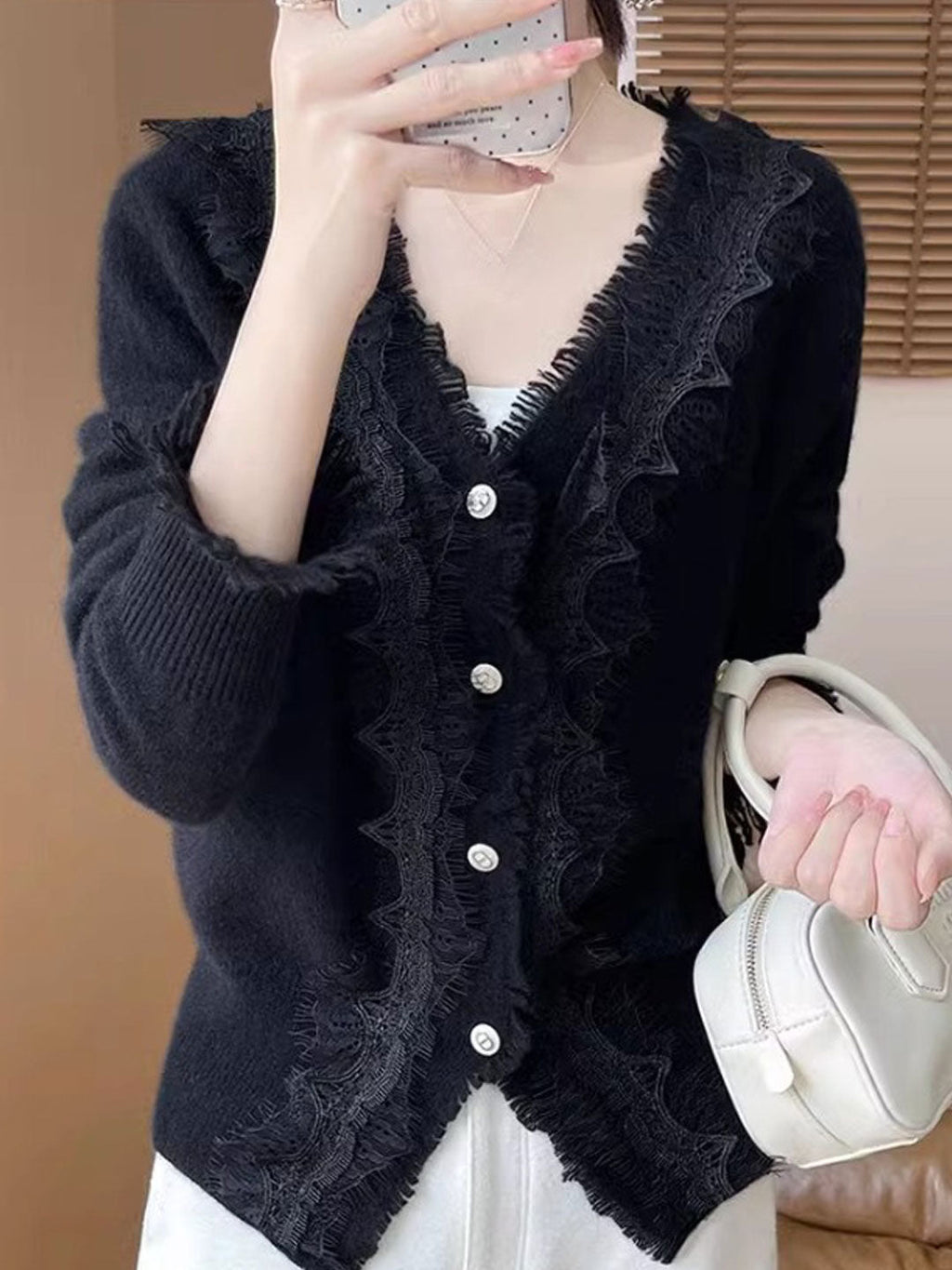 Emma Elegant V-Neck Lace Knitted Cardigan-White