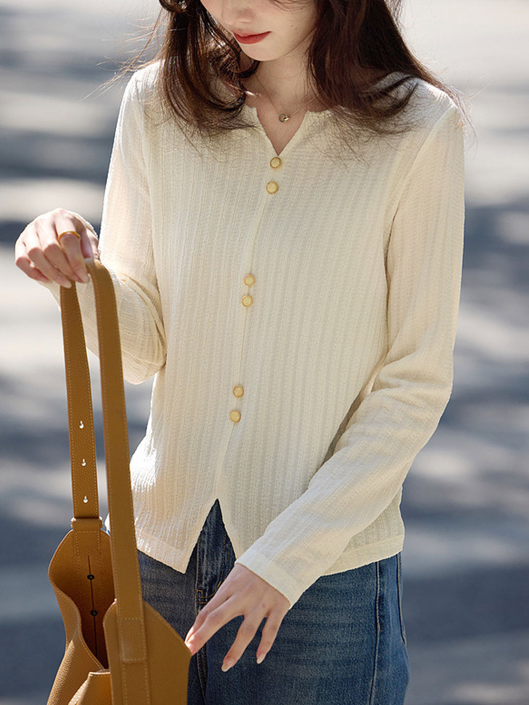 Mariah Elegant Crew Neck Textured Button Top