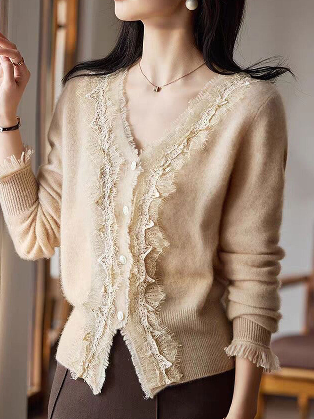 Emma Elegant V-Neck Lace Knitted Cardigan-White