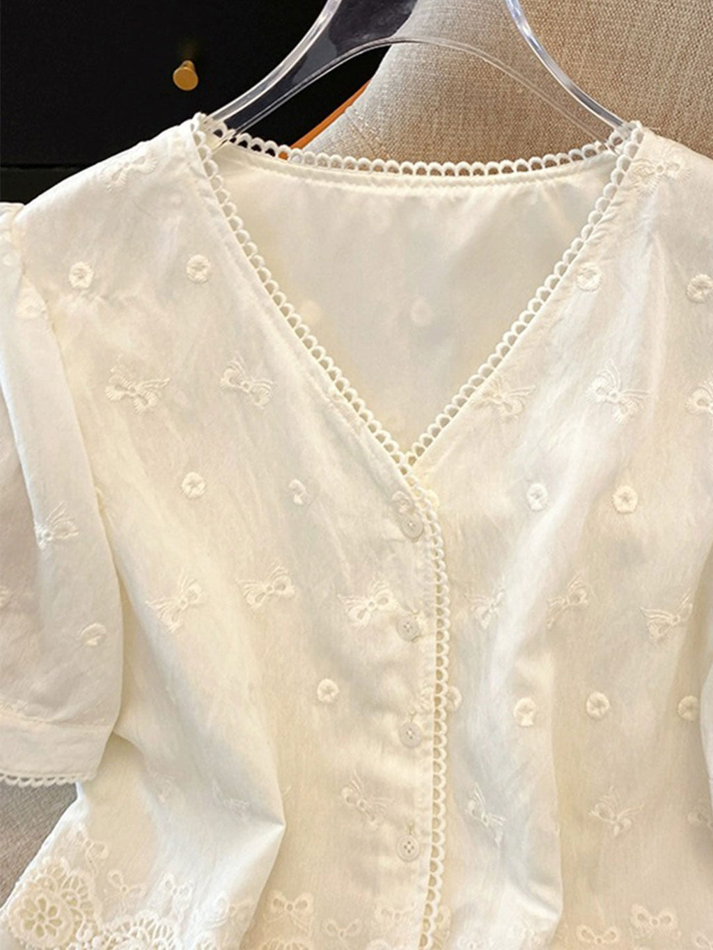 Maya Loose V-Neck Hollowed Lace Top