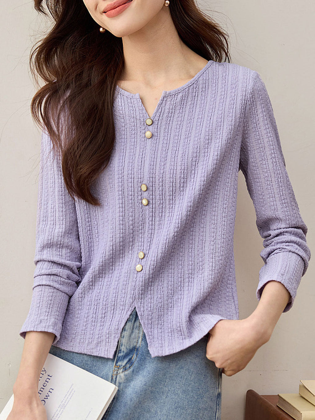 Mariah Elegant Crew Neck Textured Button Top