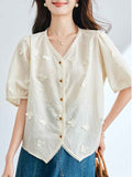 Jessica Retro V-Neck Puff Sleeve Lace Embroidered Top