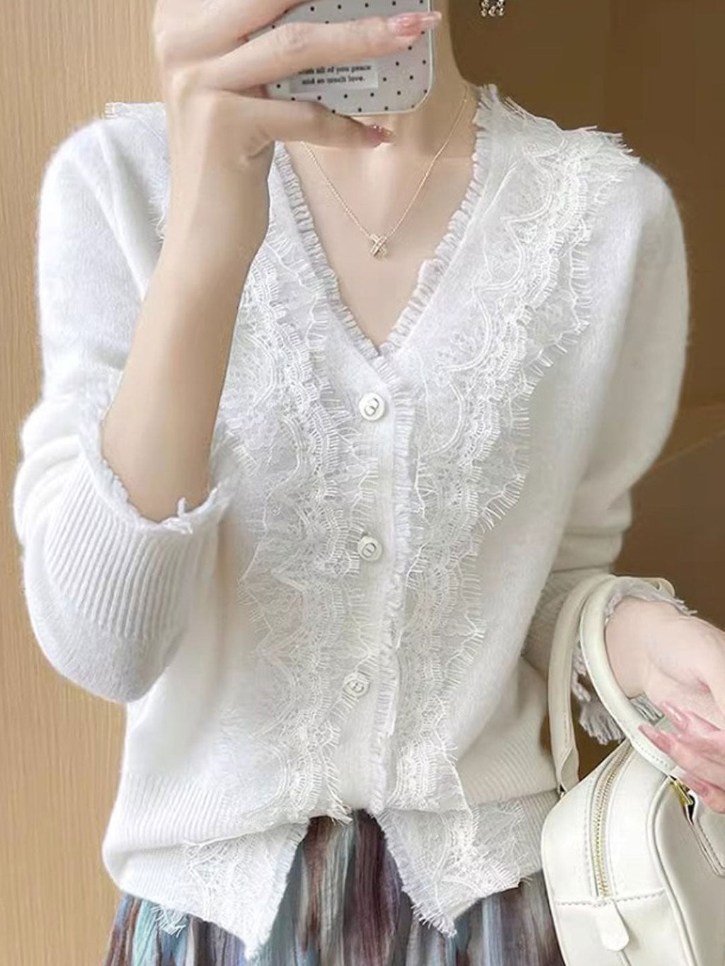 Emma Elegant V-Neck Lace Knitted Cardigan-White