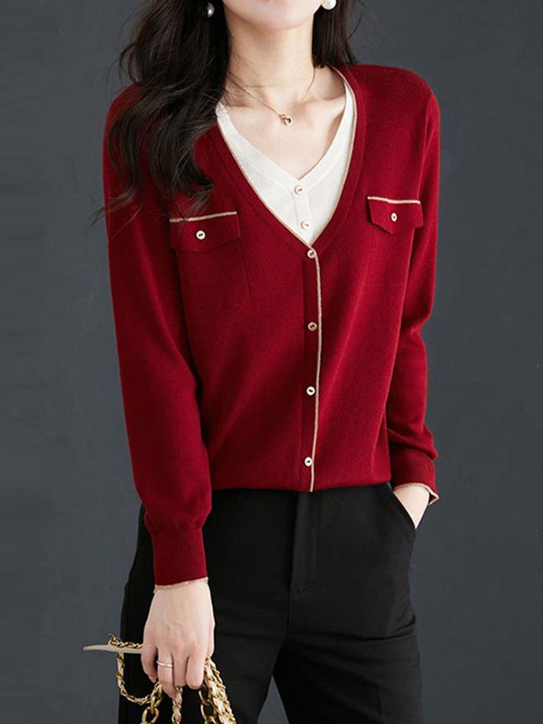 Olivia Loose V-Neck Mock Two-Piece Knitted Cardigan