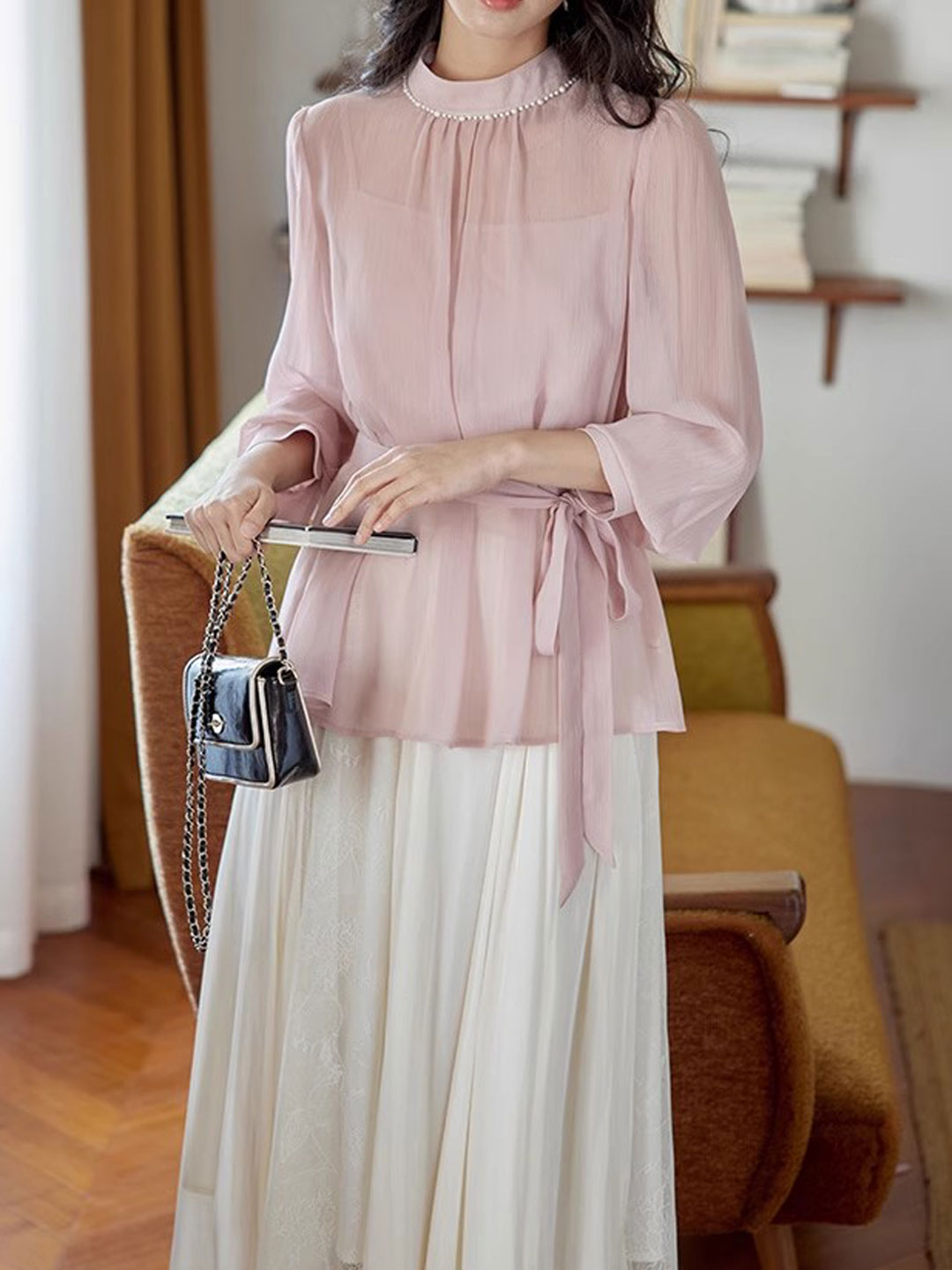 Claire Elegant Solid Color Pearl Top