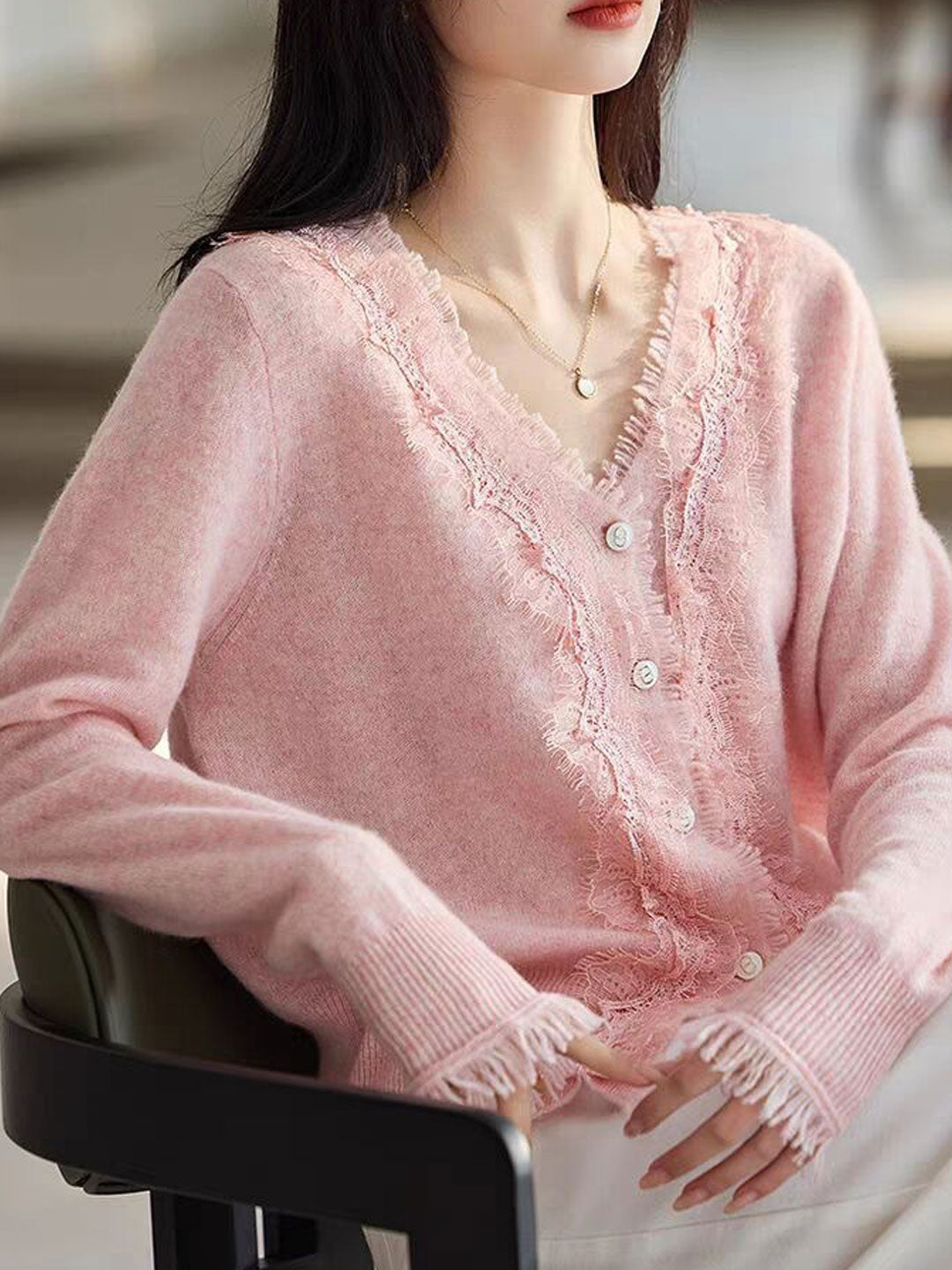 Emma Elegant V-Neck Lace Knitted Cardigan-White