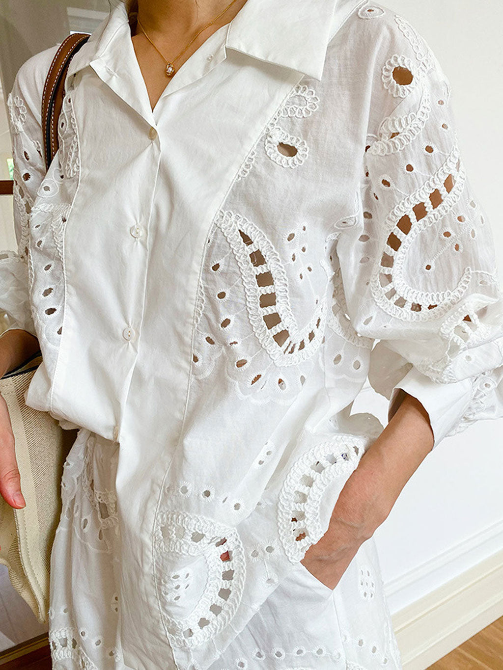 Jocelyn Loose Lapel Lantern Sleeve Embroidered Shirt