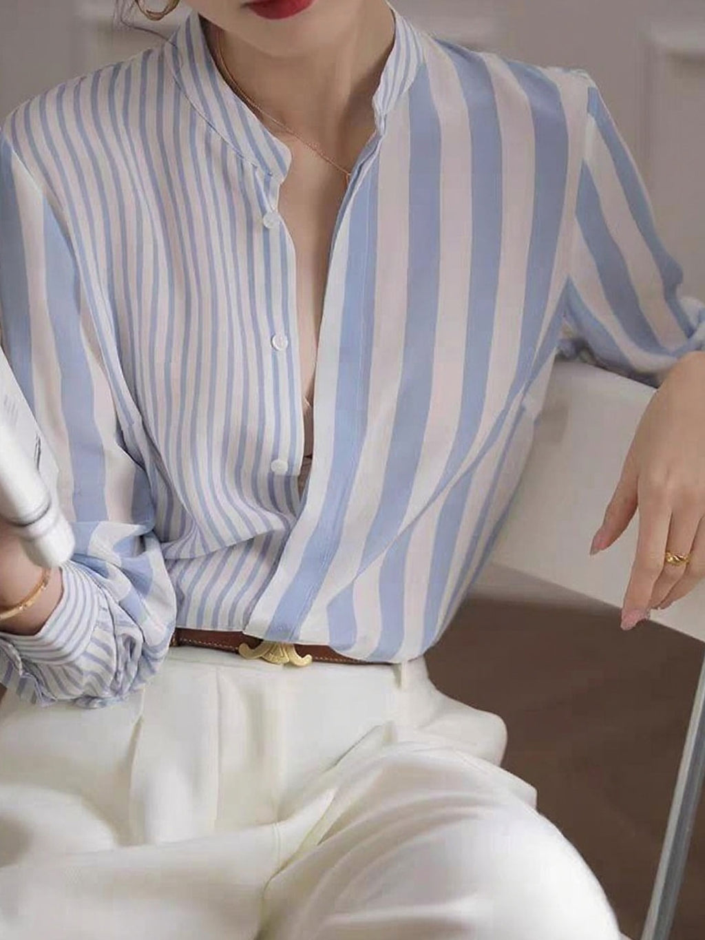 Sophie Classic Stand Collar Striped Shirt