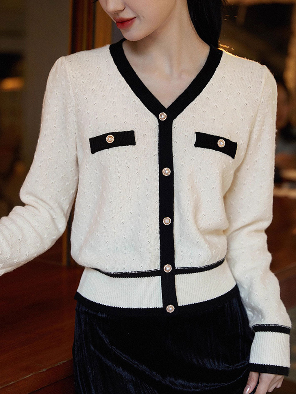 Hannah Casual V-Neck Textured Jacquard Knitted Sweater