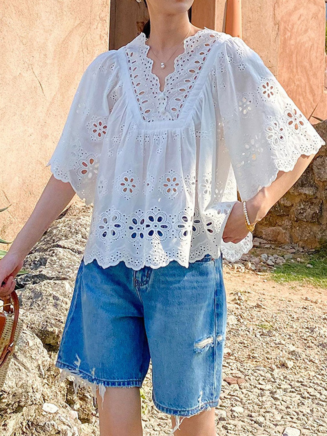 Aaliyah Loose V-Neck Embroidered Hollowed Blouse