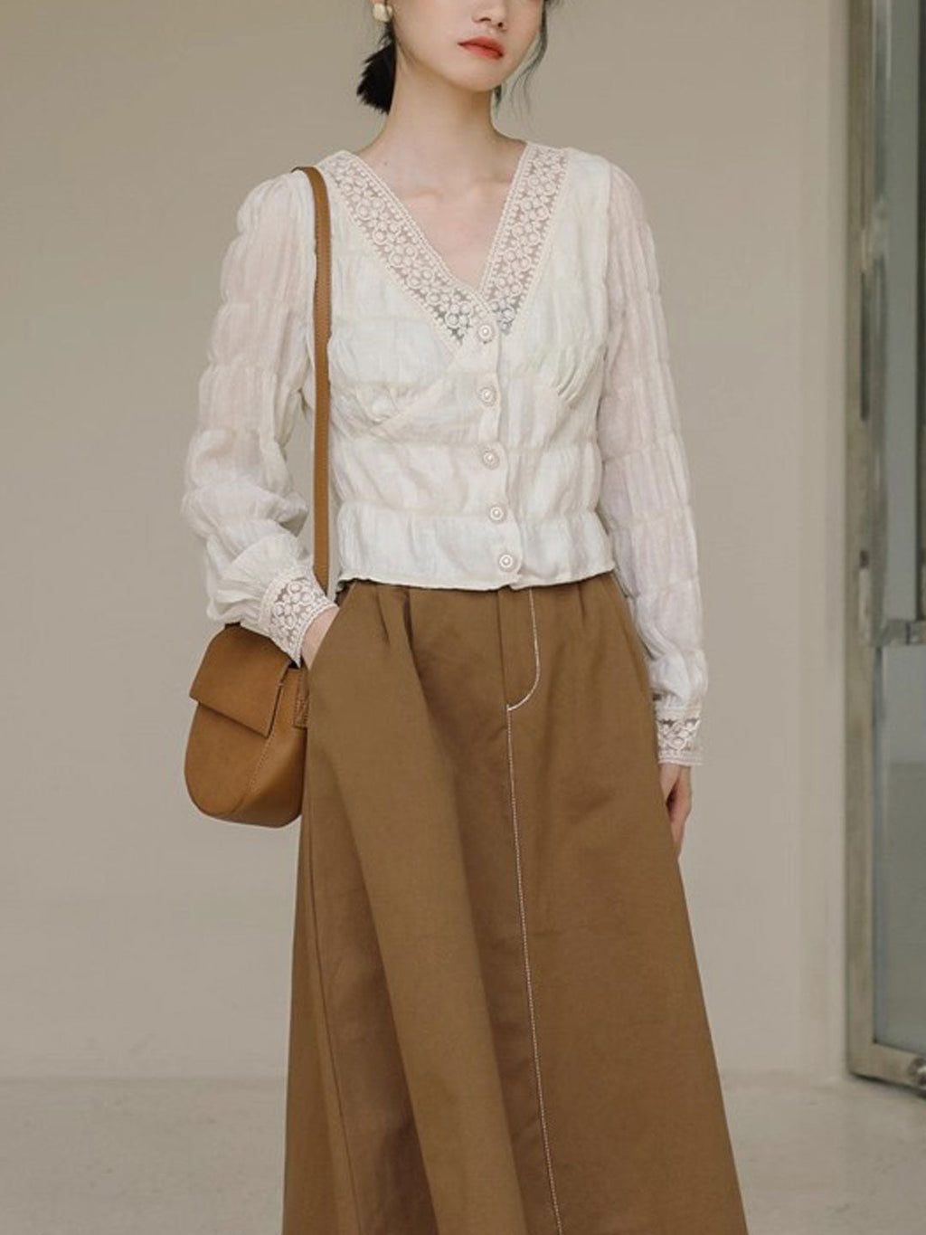 Ava Vintage V-Neck Latern Sleeve Lace Chiffon Blouse