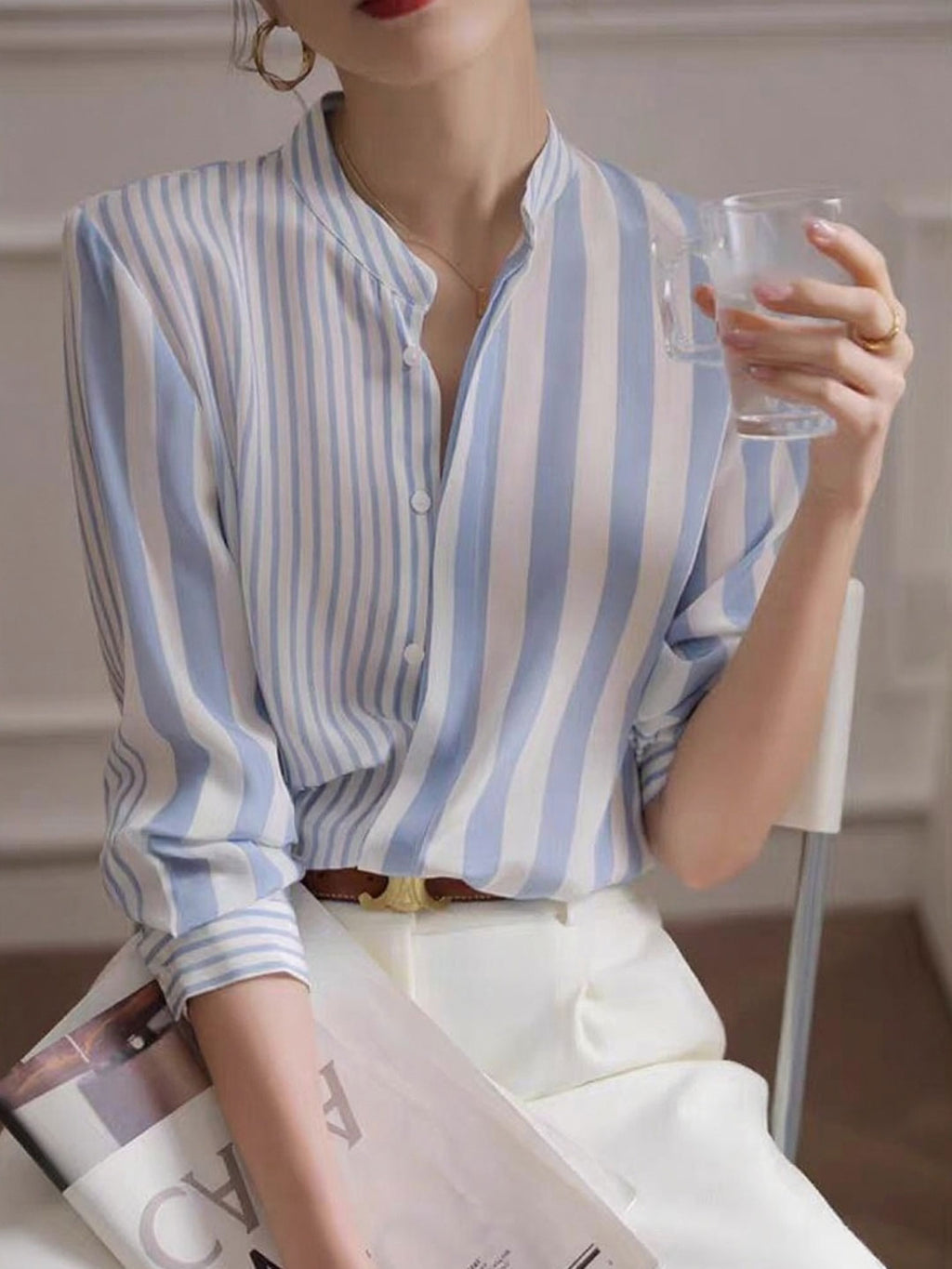 Sophie Classic Stand Collar Striped Shirt