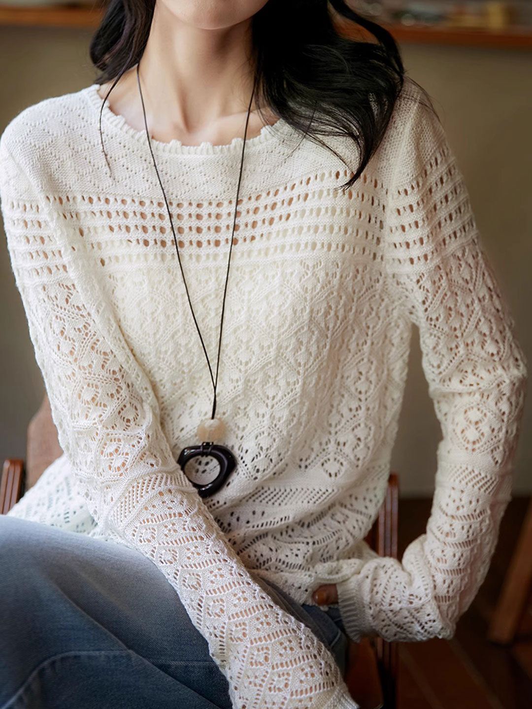 Mia Loose Crew Neck Hollowed Jacquard Knitted Top