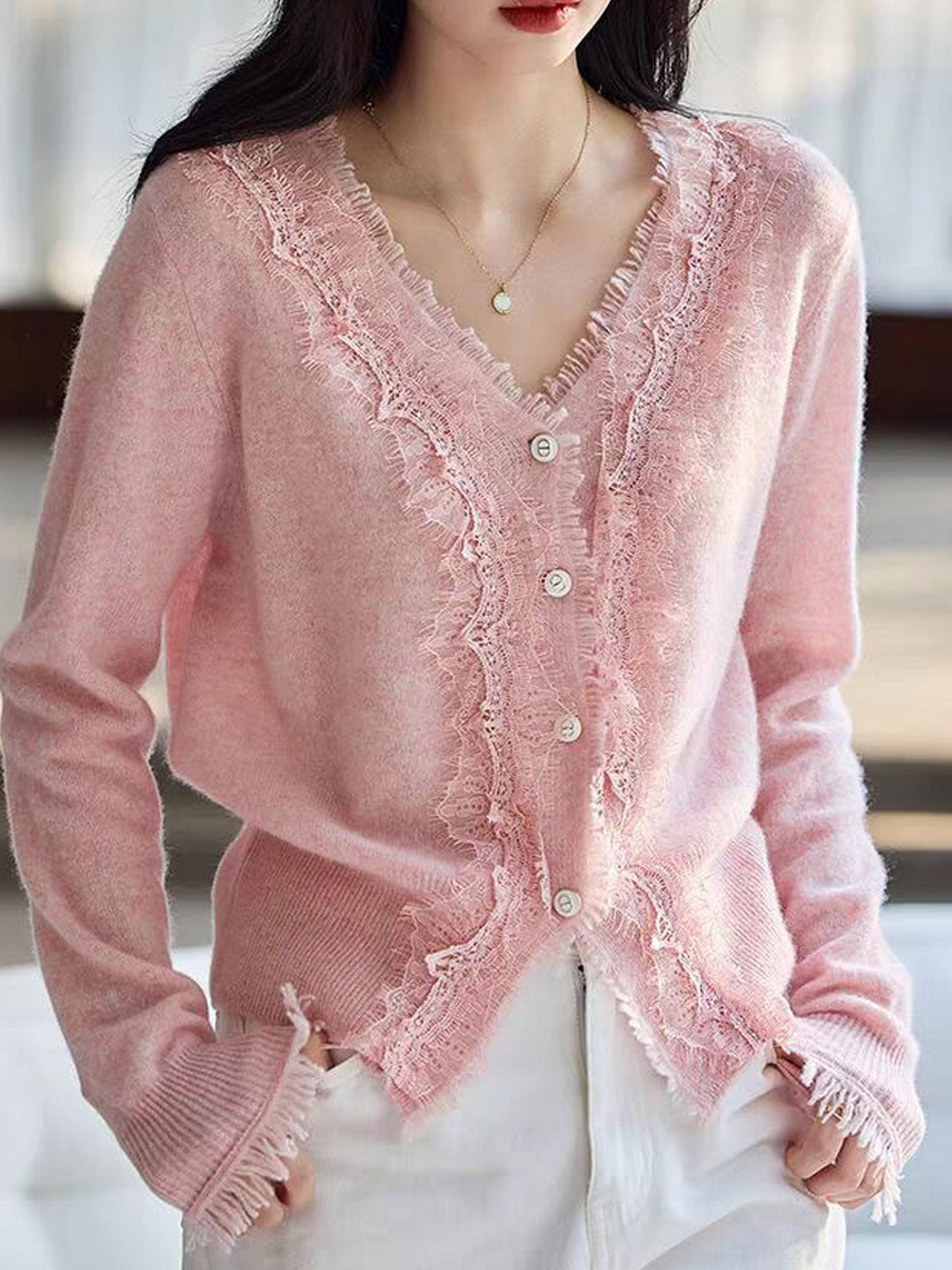 Emma Elegant V-Neck Lace Knitted Cardigan-White