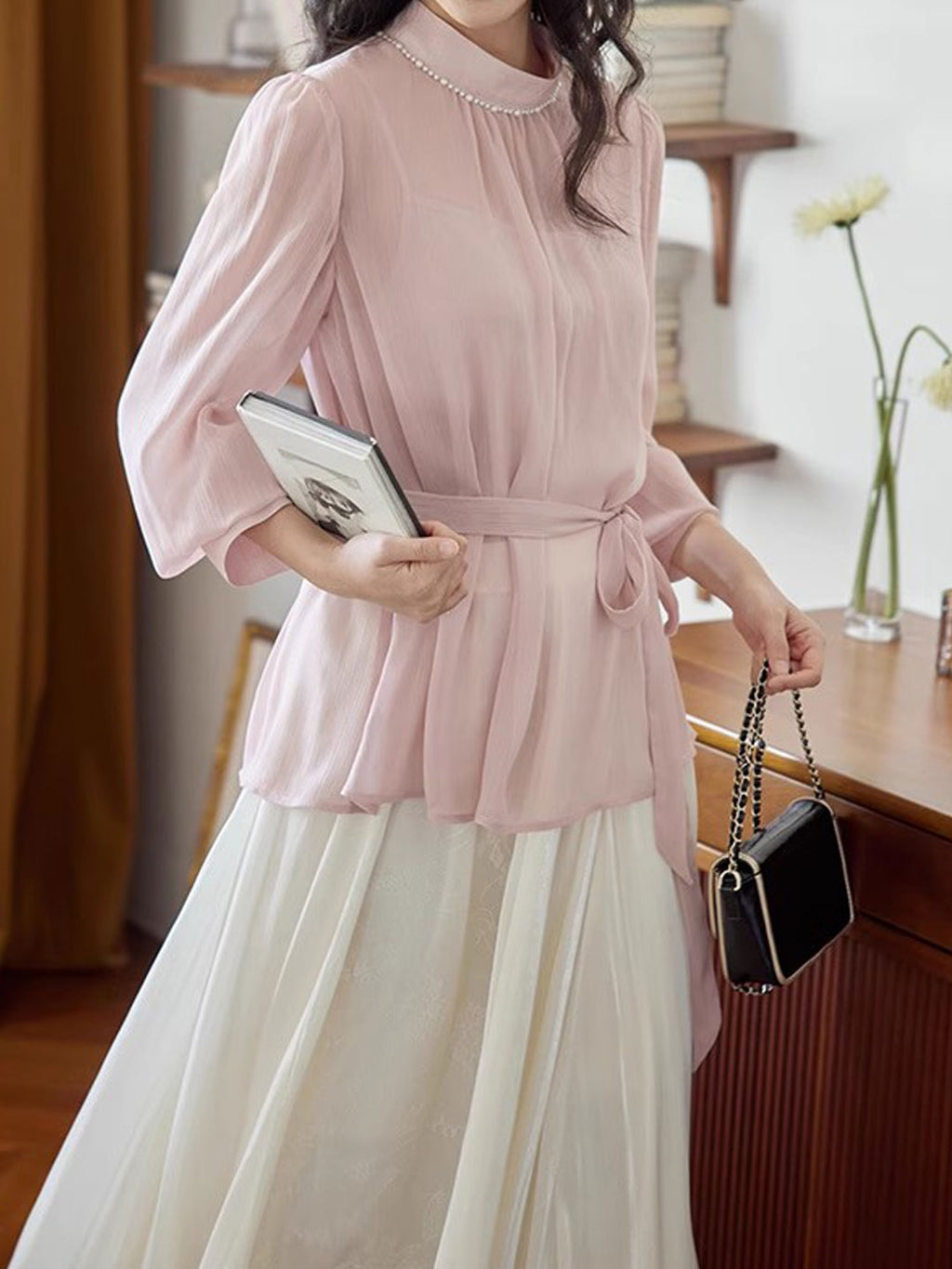 Claire Elegant Solid Color Pearl Top