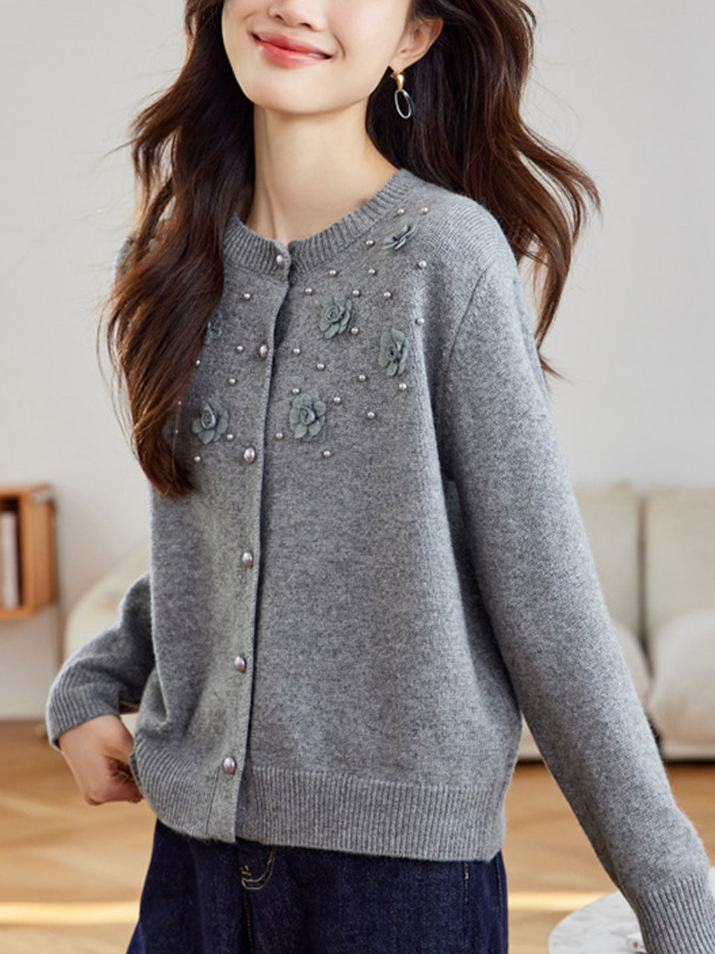 Aaliyah Classic Crew Neck Beaded Knitted Cardigan