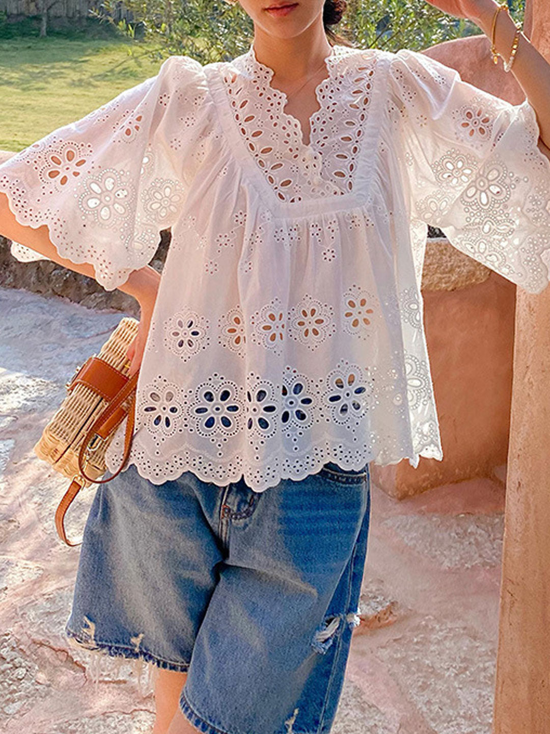 Aaliyah Loose V-Neck Embroidered Hollowed Blouse