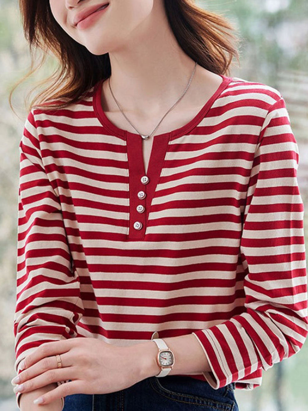 Jocelyn Casual Crew Neck Contrasted Color Striped Top