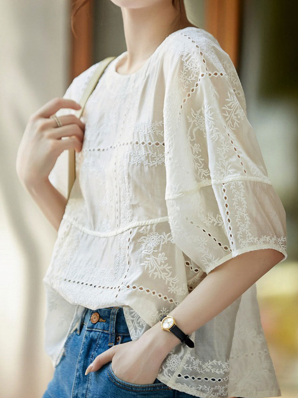 Jocelyn Loose Crew Neck Embroidered Hollowed Top