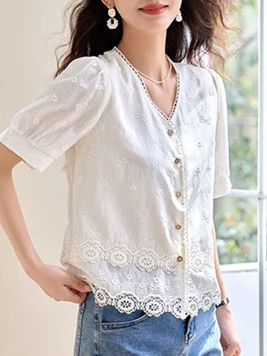 Maya Loose V-Neck Hollowed Lace Top