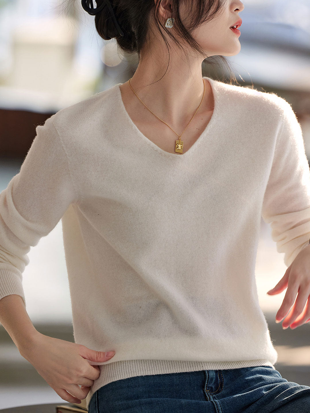 Kaitlyn Casual V-Neck Solid Color Knitted Sweater