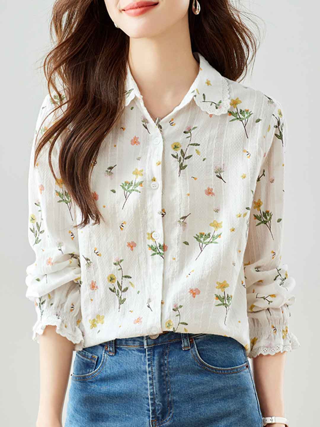 Valeria Classic Lapel Embroidered Floral Shirt