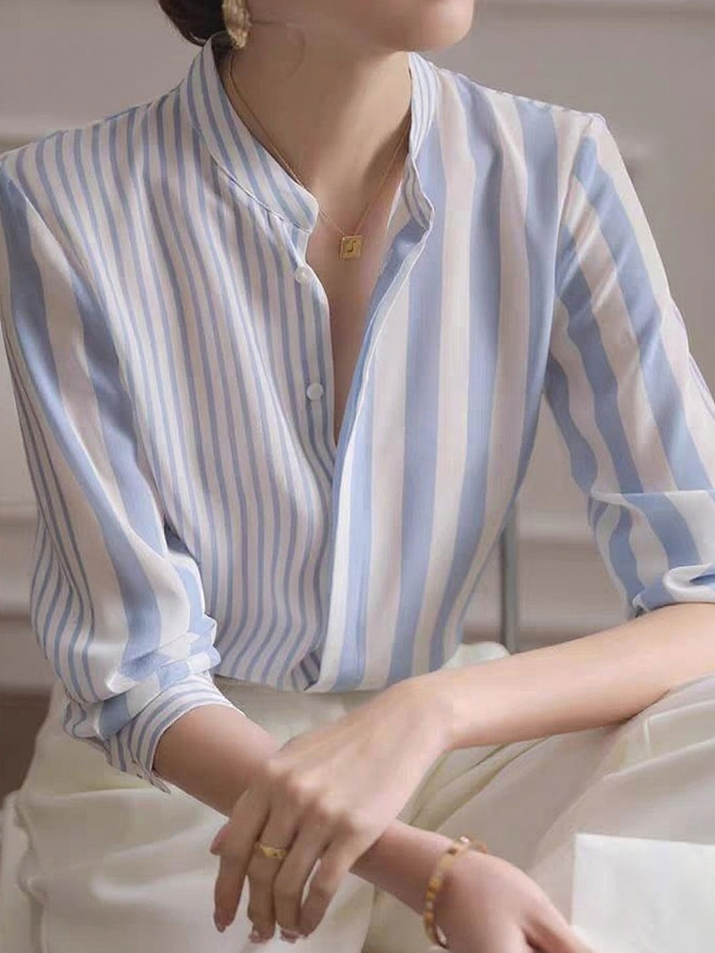 Sophie Classic Stand Collar Striped Shirt