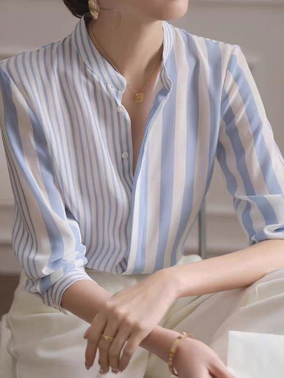 Sophie Classic Stand Collar Striped Shirt