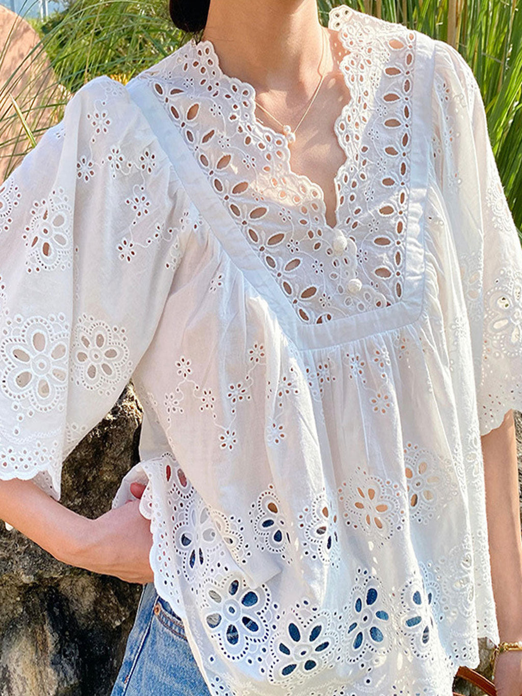 Aaliyah Loose V-Neck Embroidered Hollowed Blouse