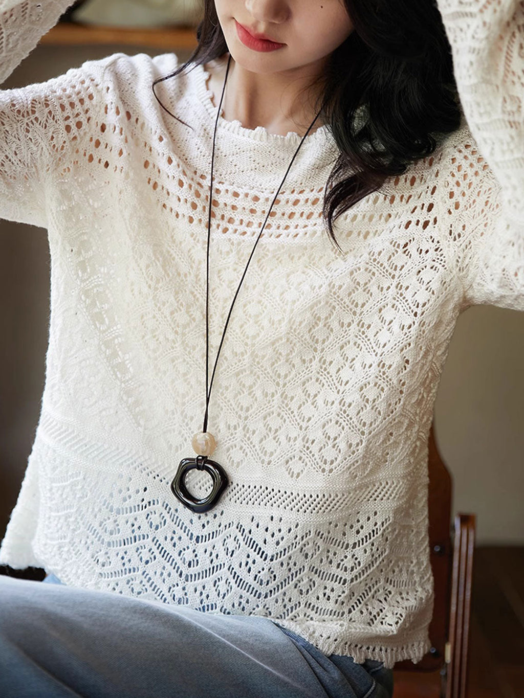 Mia Loose Crew Neck Hollowed Jacquard Knitted Top