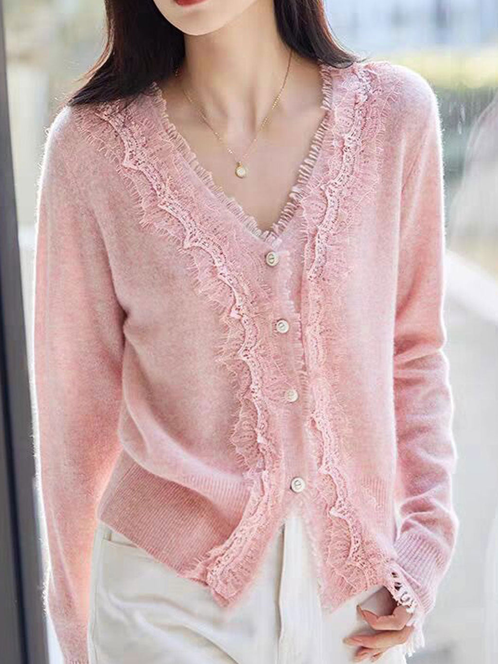 Emma Elegant V-Neck Lace Knitted Cardigan-White