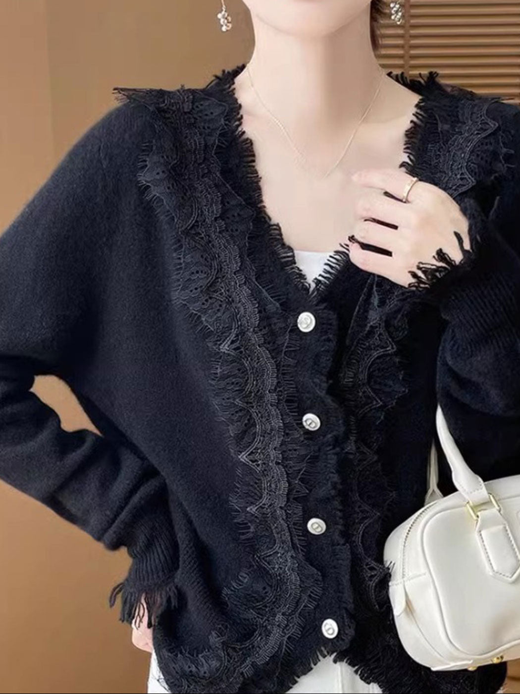 Emma Elegant V-Neck Lace Knitted Cardigan-White