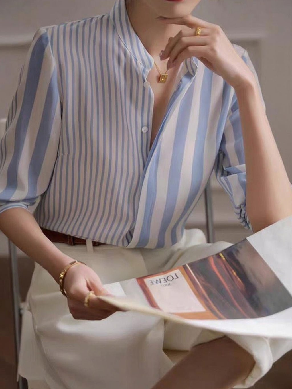 Sophie Classic Stand Collar Striped Shirt