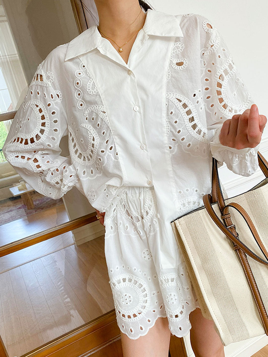 Jocelyn Loose Lapel Lantern Sleeve Embroidered Shirt