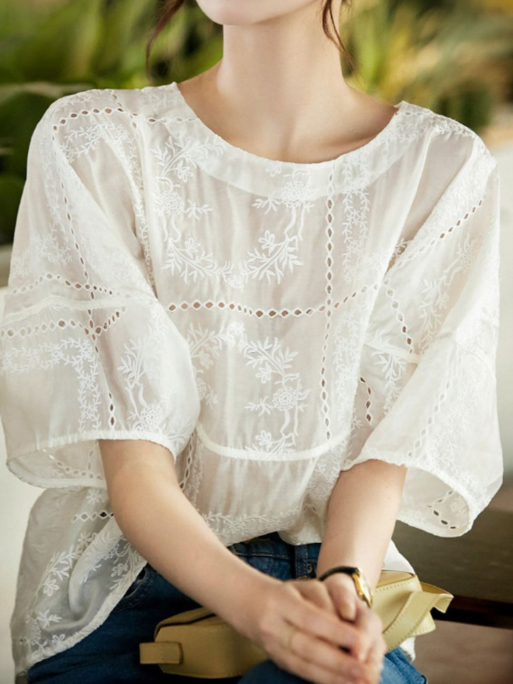 Jocelyn Loose Crew Neck Embroidered Hollowed Top