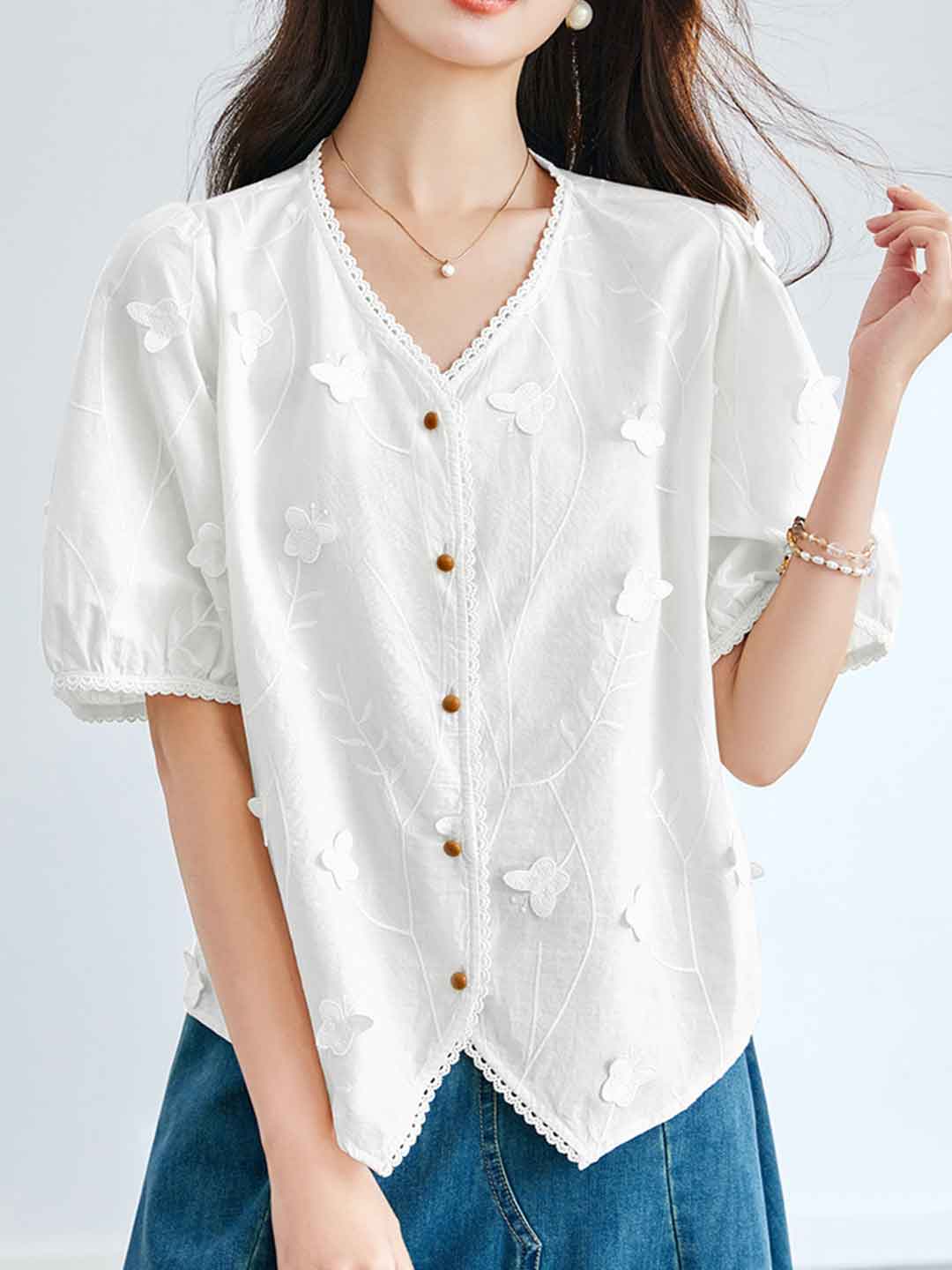 Jessica Retro V-Neck Puff Sleeve Lace Embroidered Top