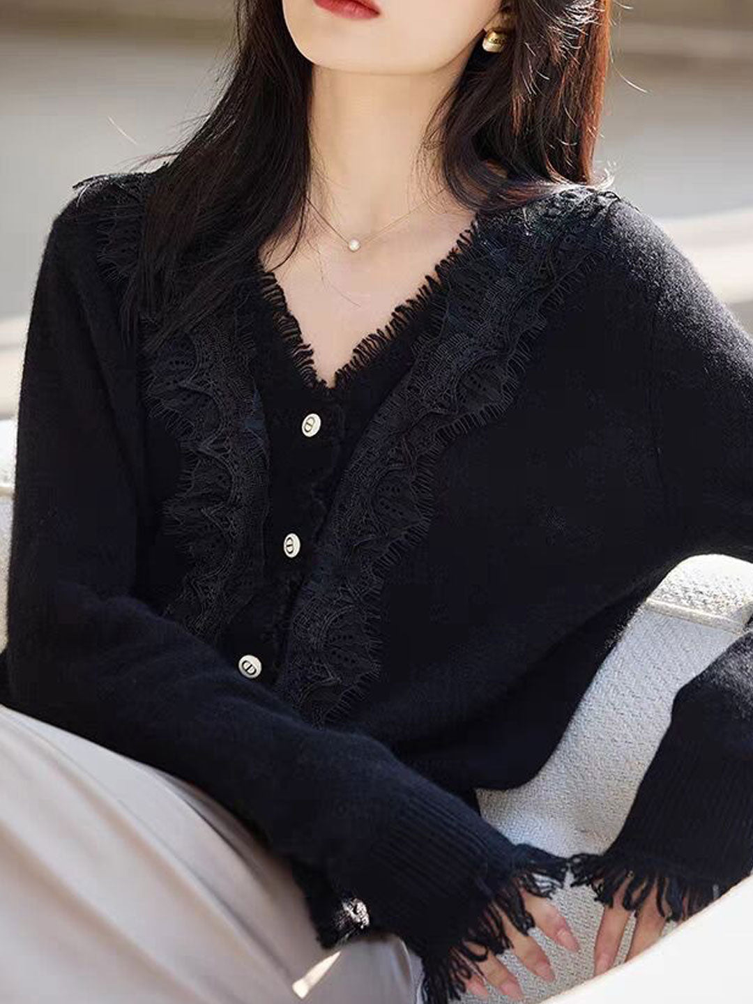 Emma Elegant V-Neck Lace Knitted Cardigan-White