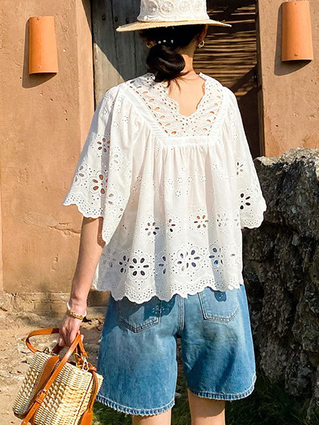 Aaliyah Loose V-Neck Embroidered Hollowed Blouse