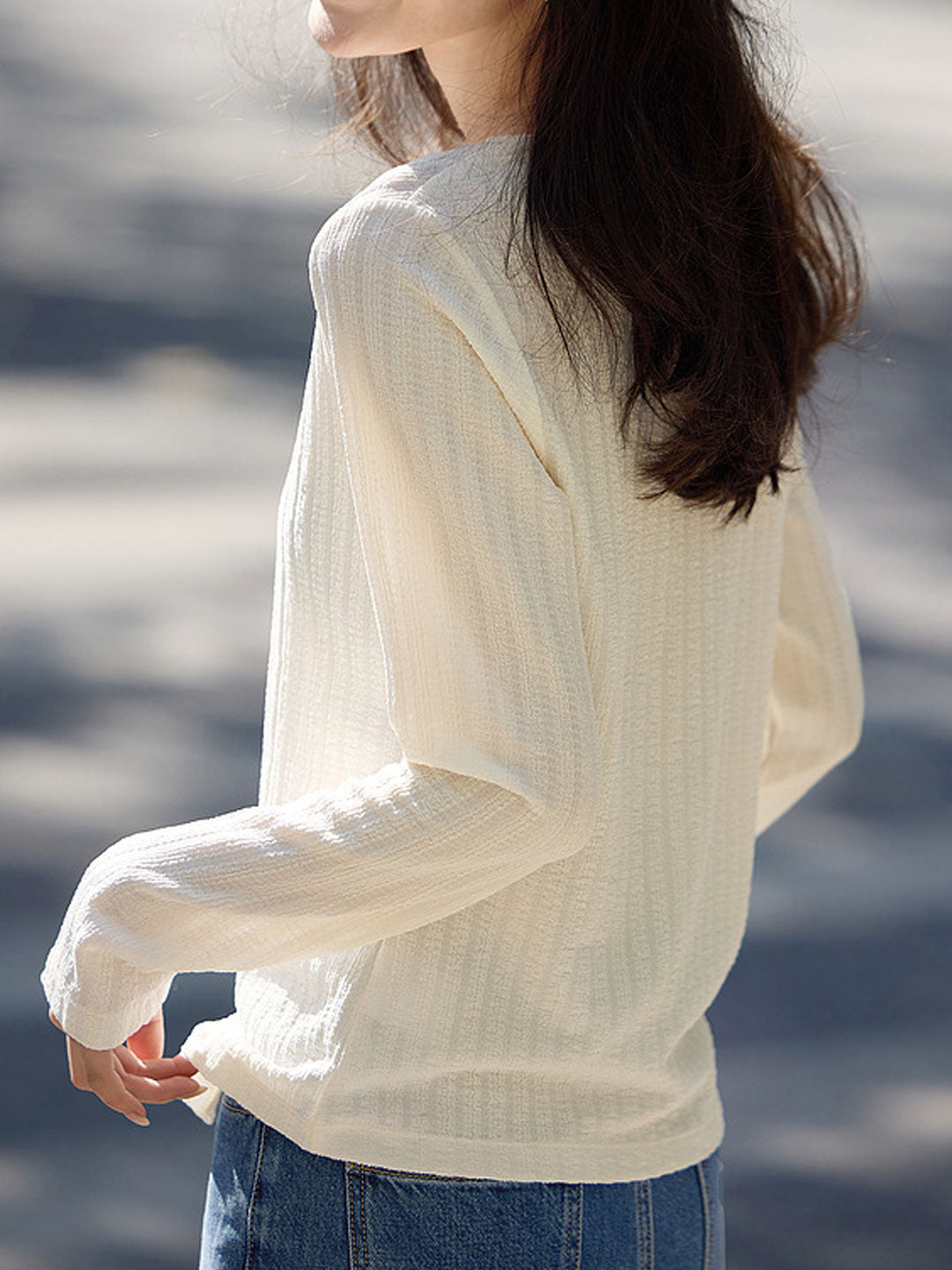 Mariah Elegant Crew Neck Textured Button Top