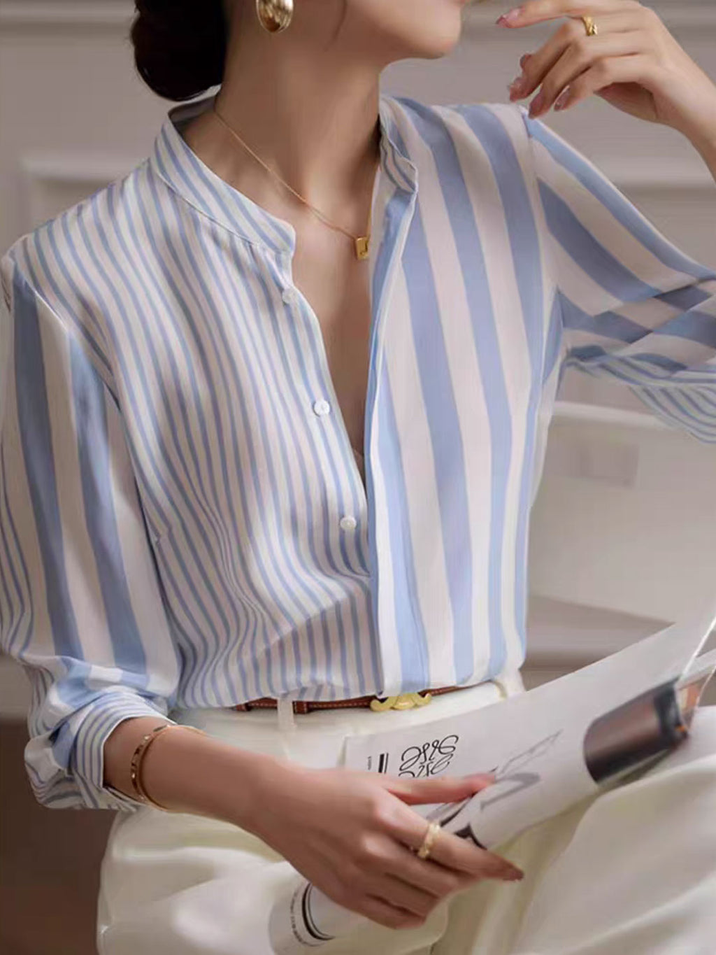 Sophie Classic Stand Collar Striped Shirt