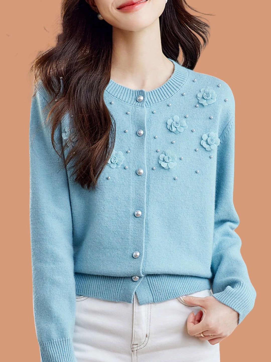 Aaliyah Classic Crew Neck Beaded Knitted Cardigan