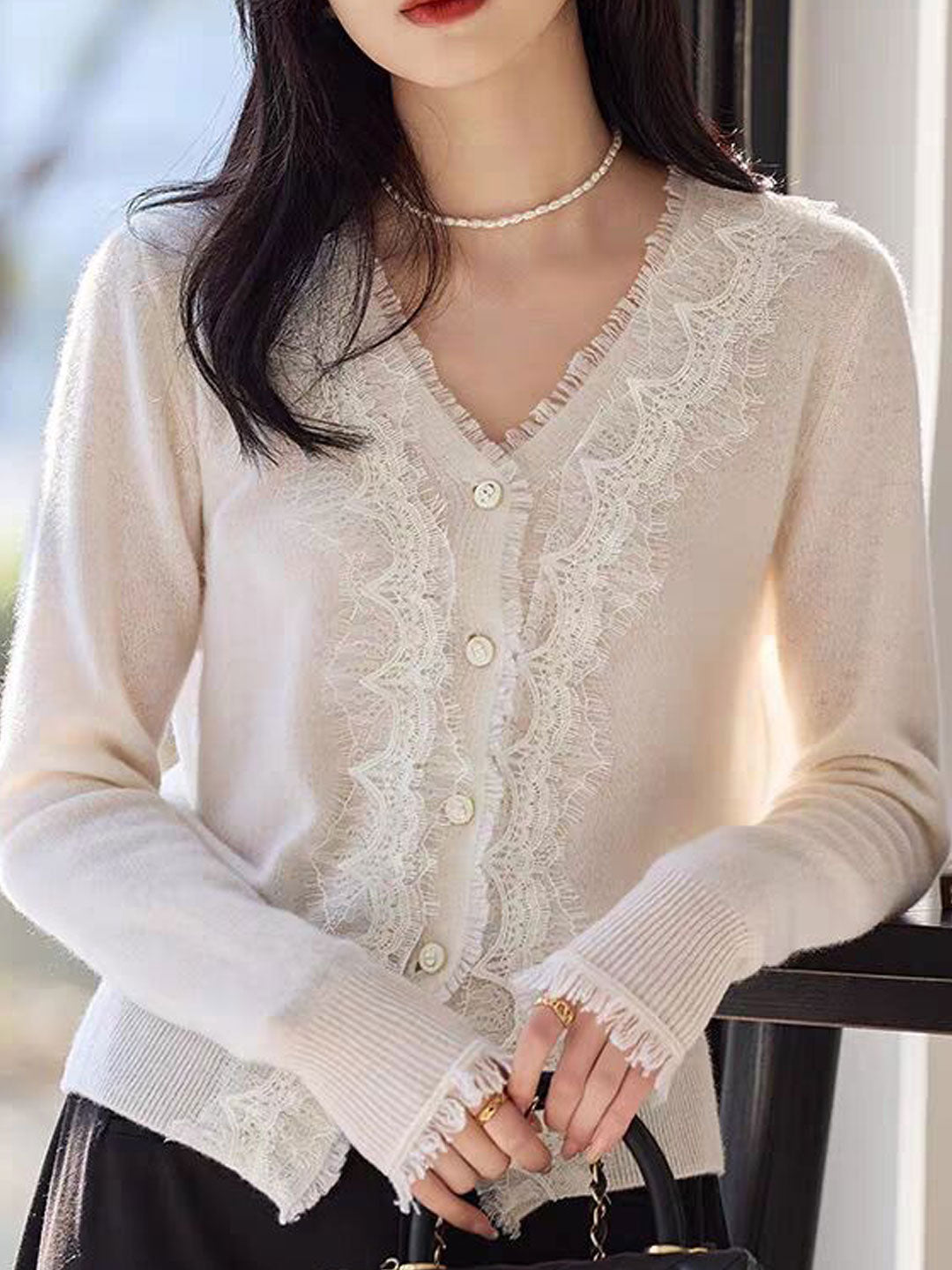 Emma Elegant V-Neck Lace Knitted Cardigan-White