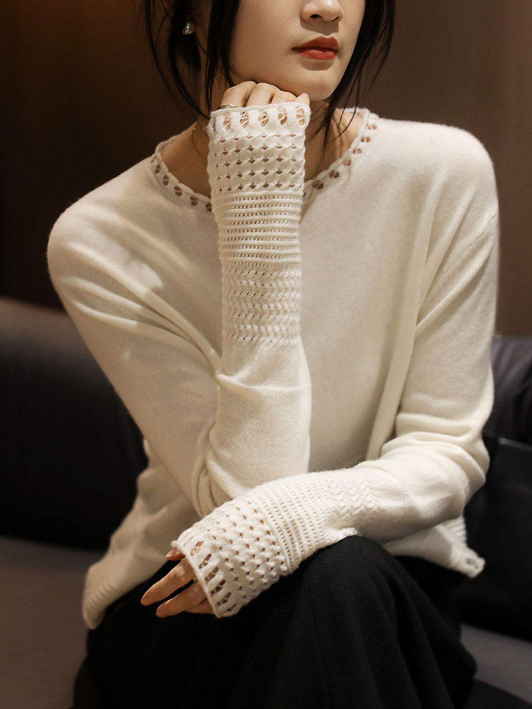 Grace Loose Crew Neck Hollowed Knitted Top