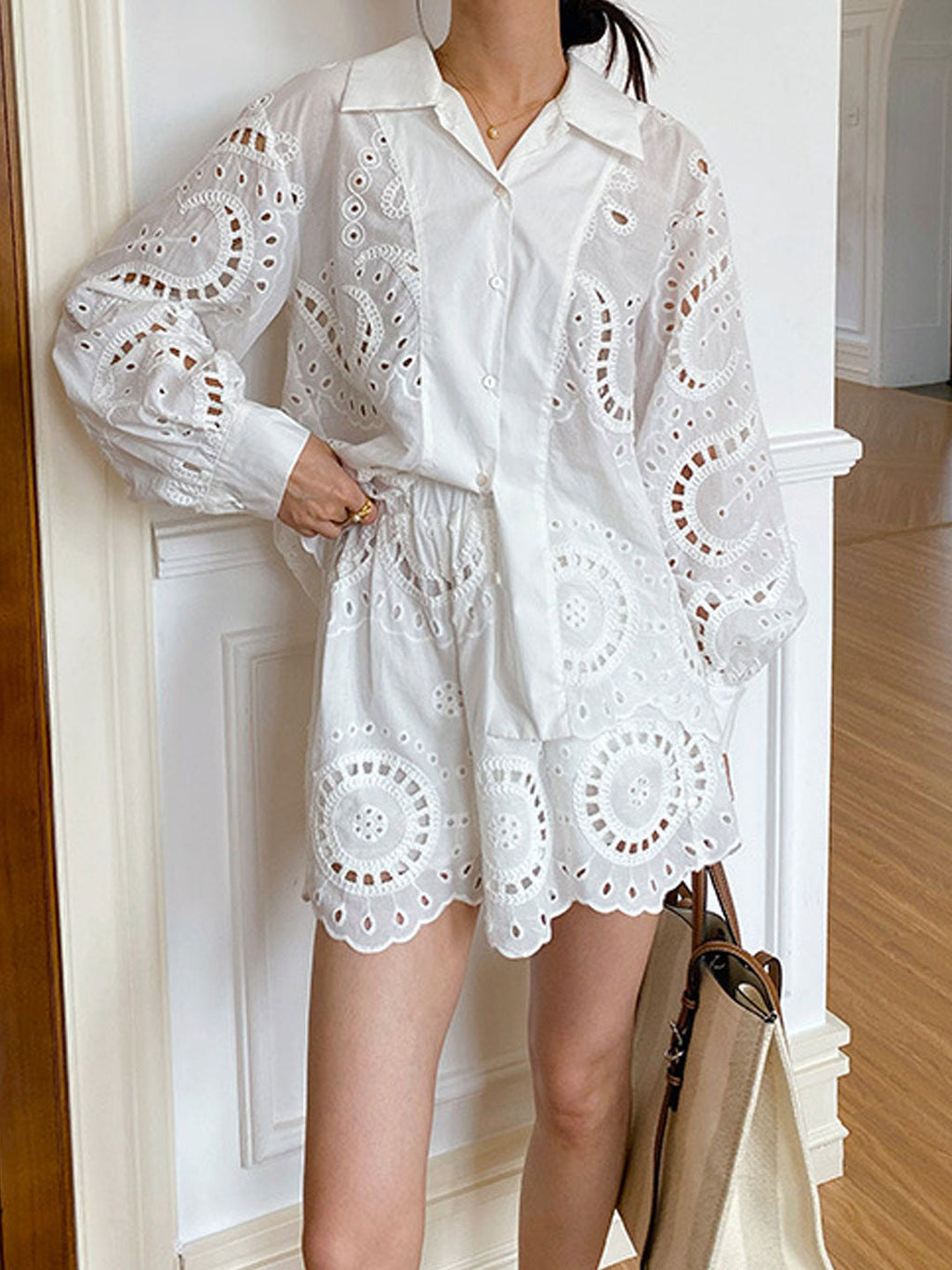 Jocelyn Loose Lapel Lantern Sleeve Embroidered Shirt
