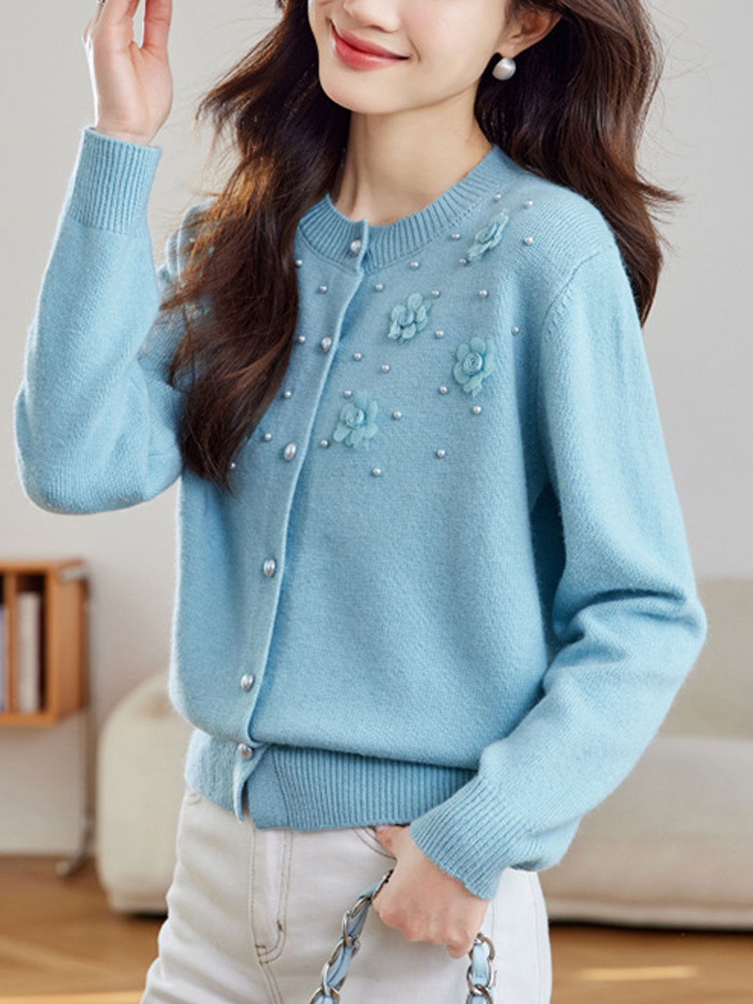 Aaliyah Classic Crew Neck Beaded Knitted Cardigan