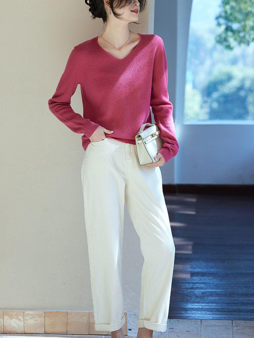 Kaitlyn Casual V-Neck Solid Color Knitted Sweater