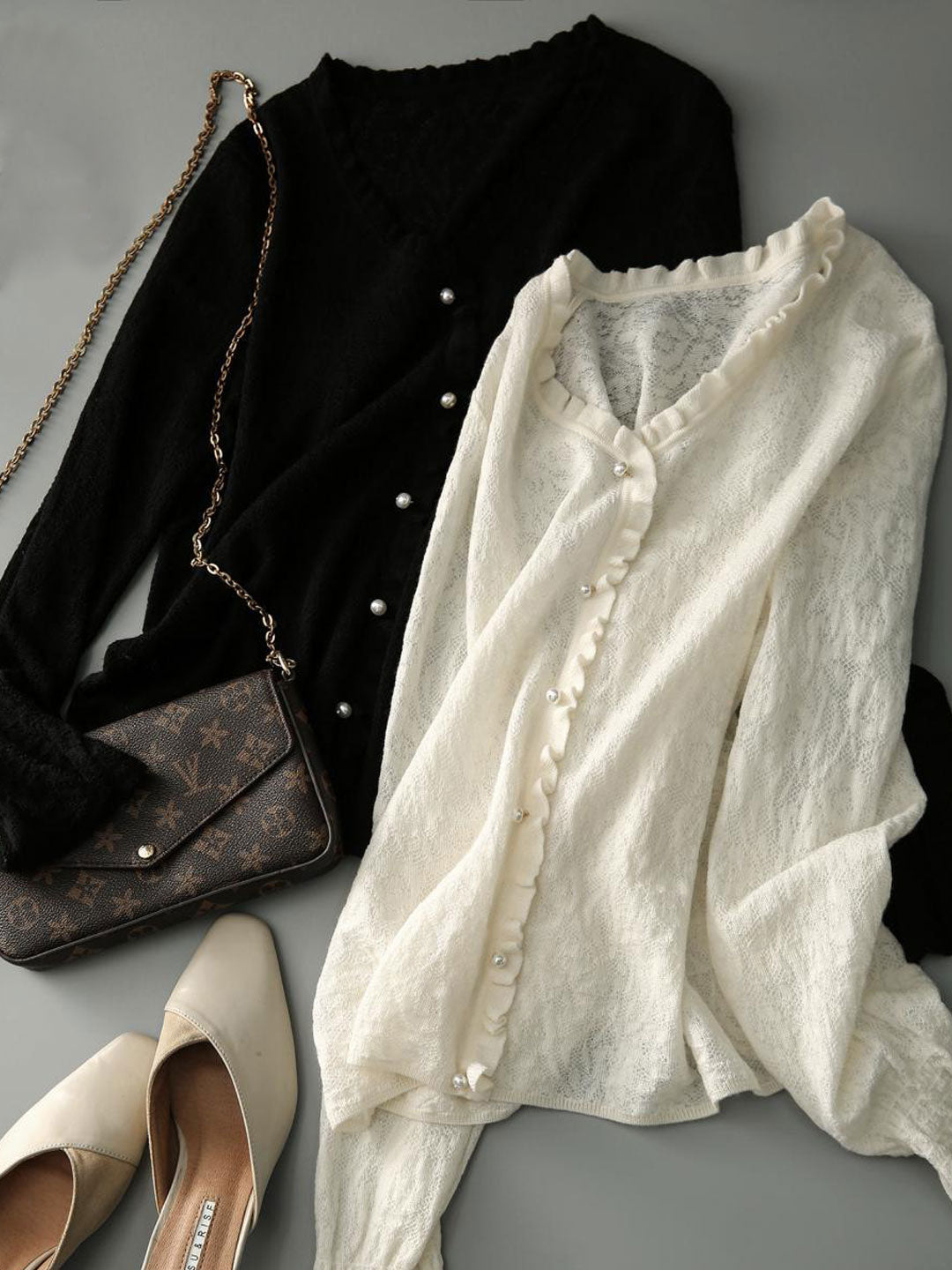 Anna Retro V-Neck Auricular Lace Jacquard Knitted Top