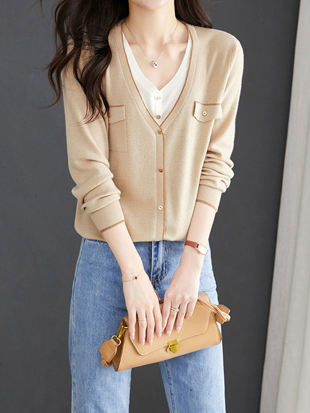 Olivia Loose V-Neck Mock Two-Piece Knitted Cardigan